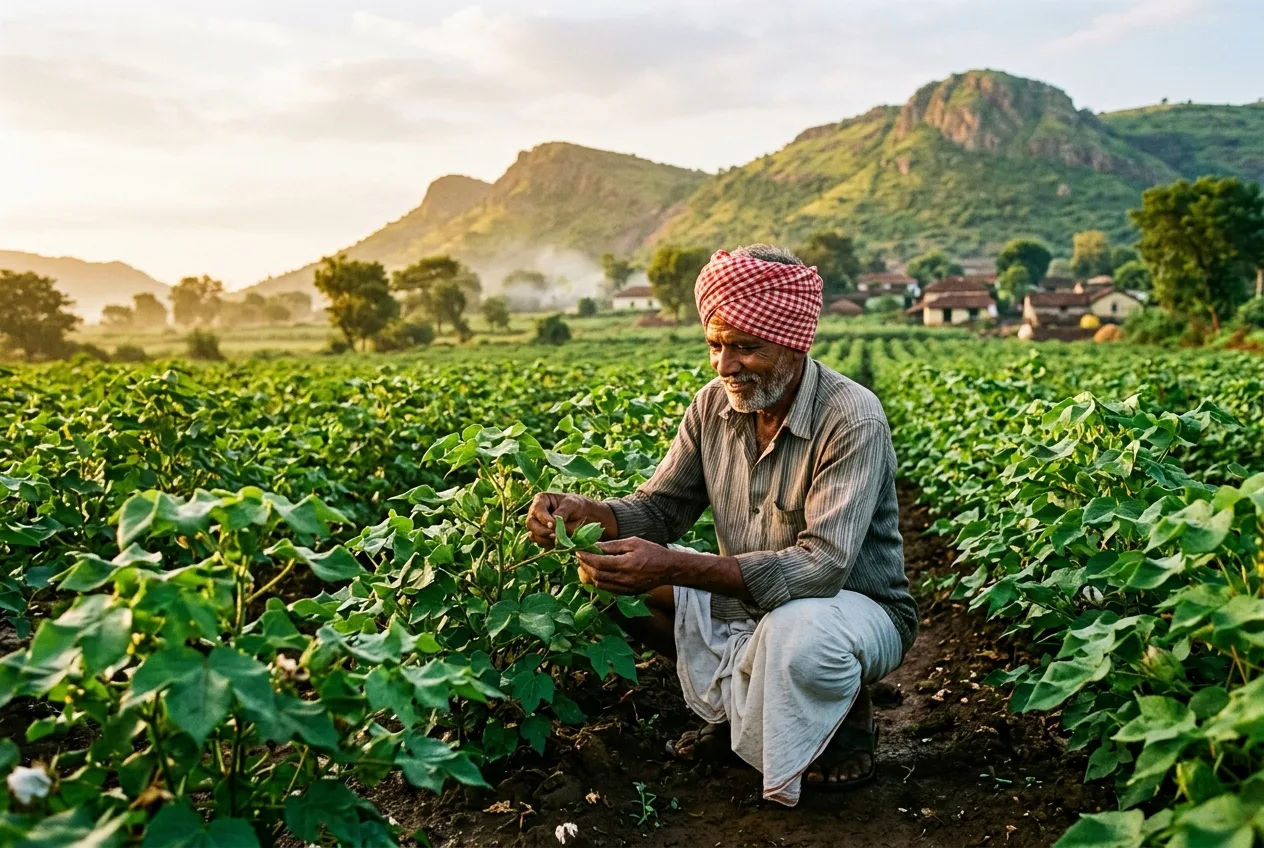 हिरव्  या शेतात बसलेला चौकडीचा फेटा घातलेला शेतकरी