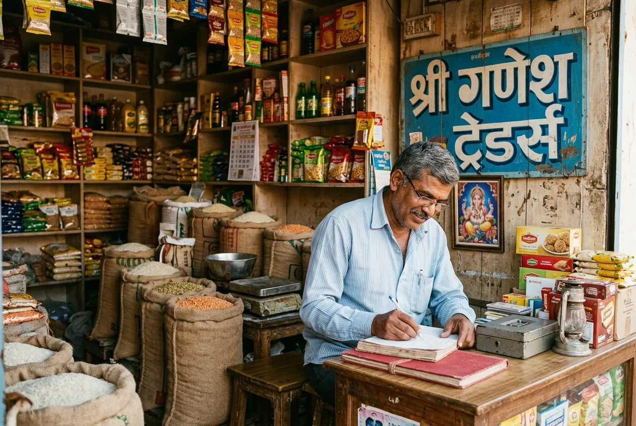 धान्याच्या पोत्यांमध्ये वहीत लिहिणारा किराणा दुकानदार